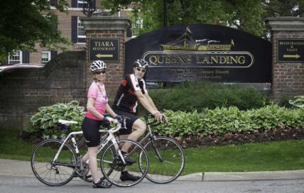 Conference attendees going cycling outside the Queen’s Landing hotel in Niagara-on-the-Lake.