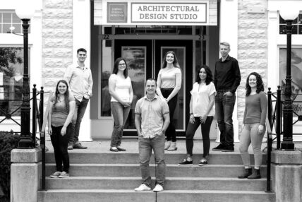 The Jordan Station Design Co. team standing outside their office in the Niagara Benchlands.