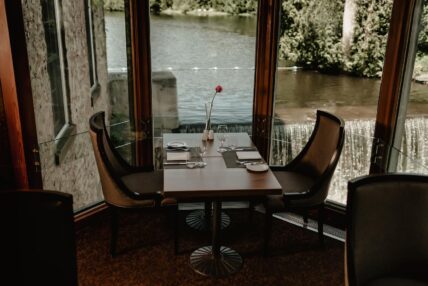 A table overlooking Mill Pond at Headwaters Restaurant in Caledon, Ontario.