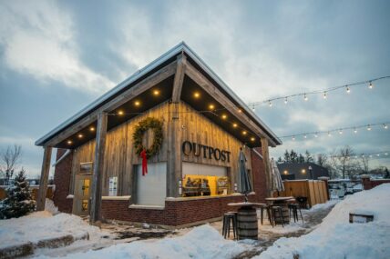 The OutPost decorated for Christmas in The Gardens at Pillar and Post in Niagara-on-the-Lake.