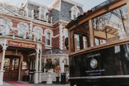 The Wine Trolley parked in front of the Prince of Wales hotel in Niagara-on-the-Lake.