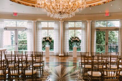 The Atrium set up for a wedding ceremony at the Queen’s Landing hotel.